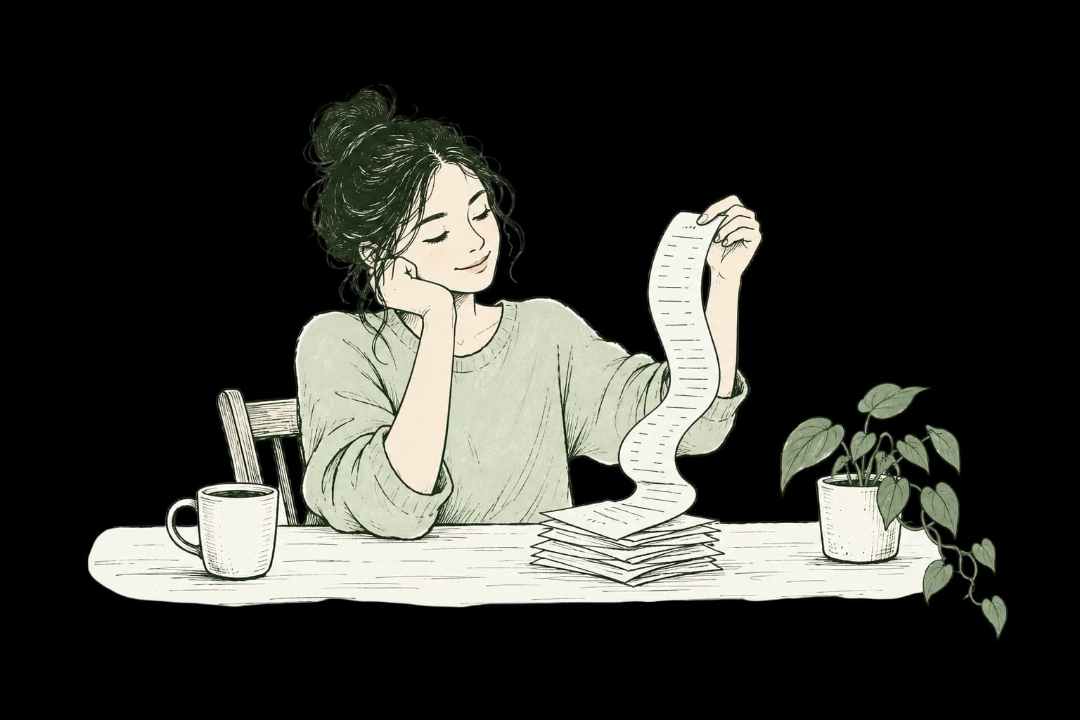 A woman at a desk smiling at a long receipt, with a coffee and a plant