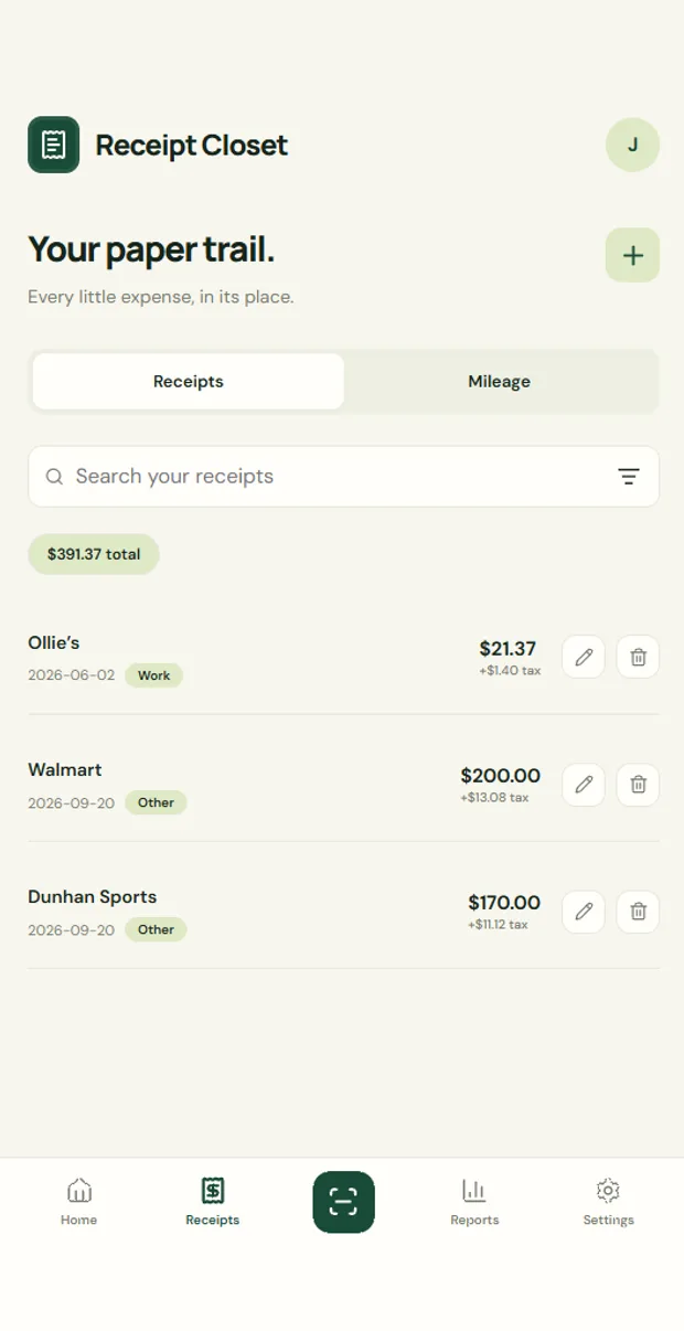 The receipts list showing merchants, dates, categories, amounts and recorded tax.